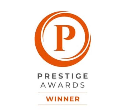 A logo featuring the letter 'P' inside an orange circle, with the words 'Prestige Awards' above and 'Winner' below.